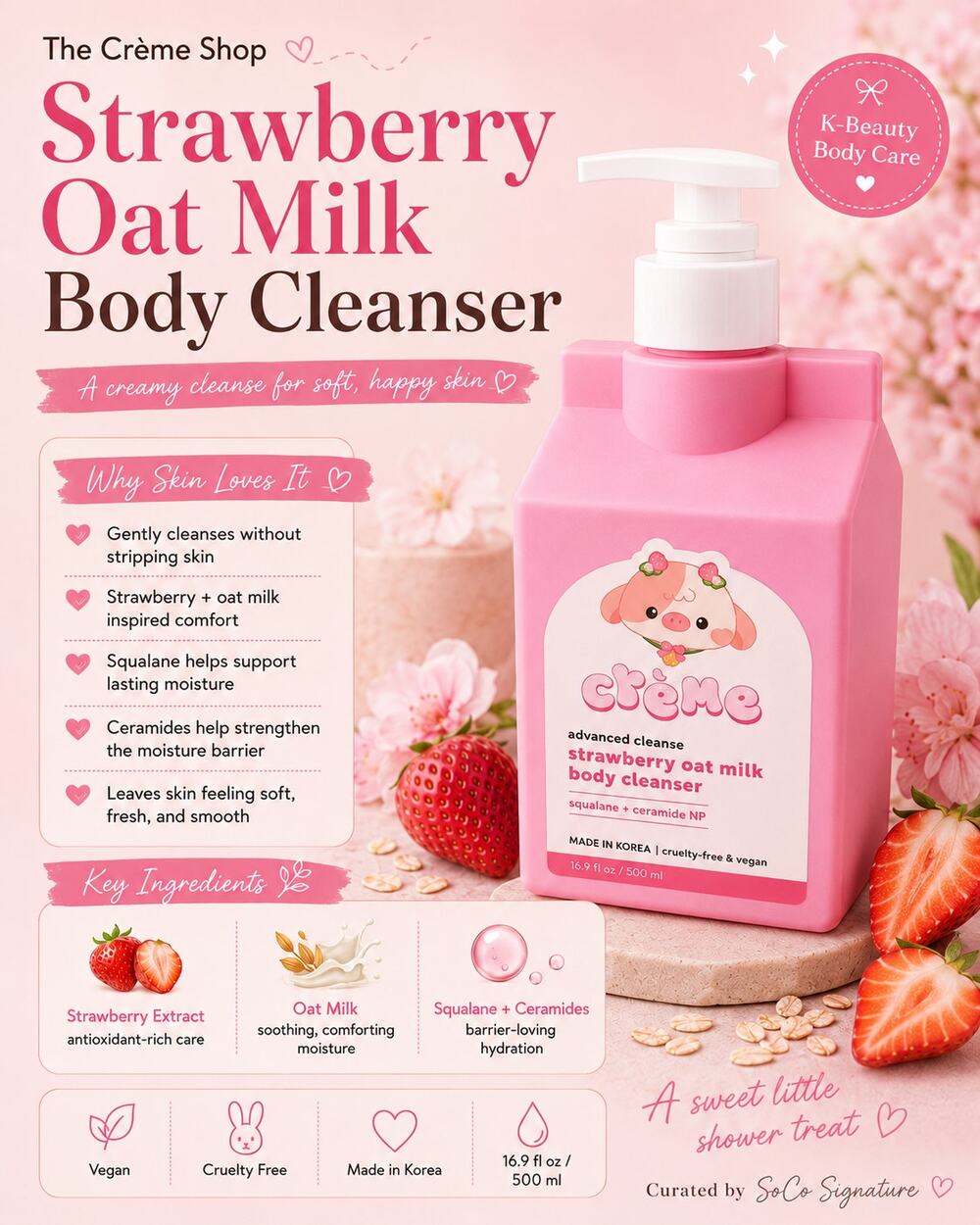 The Creme Shop Strawberry Oat Milk Body Cleanser Vegan K Beauty Korean Skincare